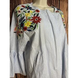 Luii Large Womens Blue & White Striped Full Zip Jacket Floral Embroidery